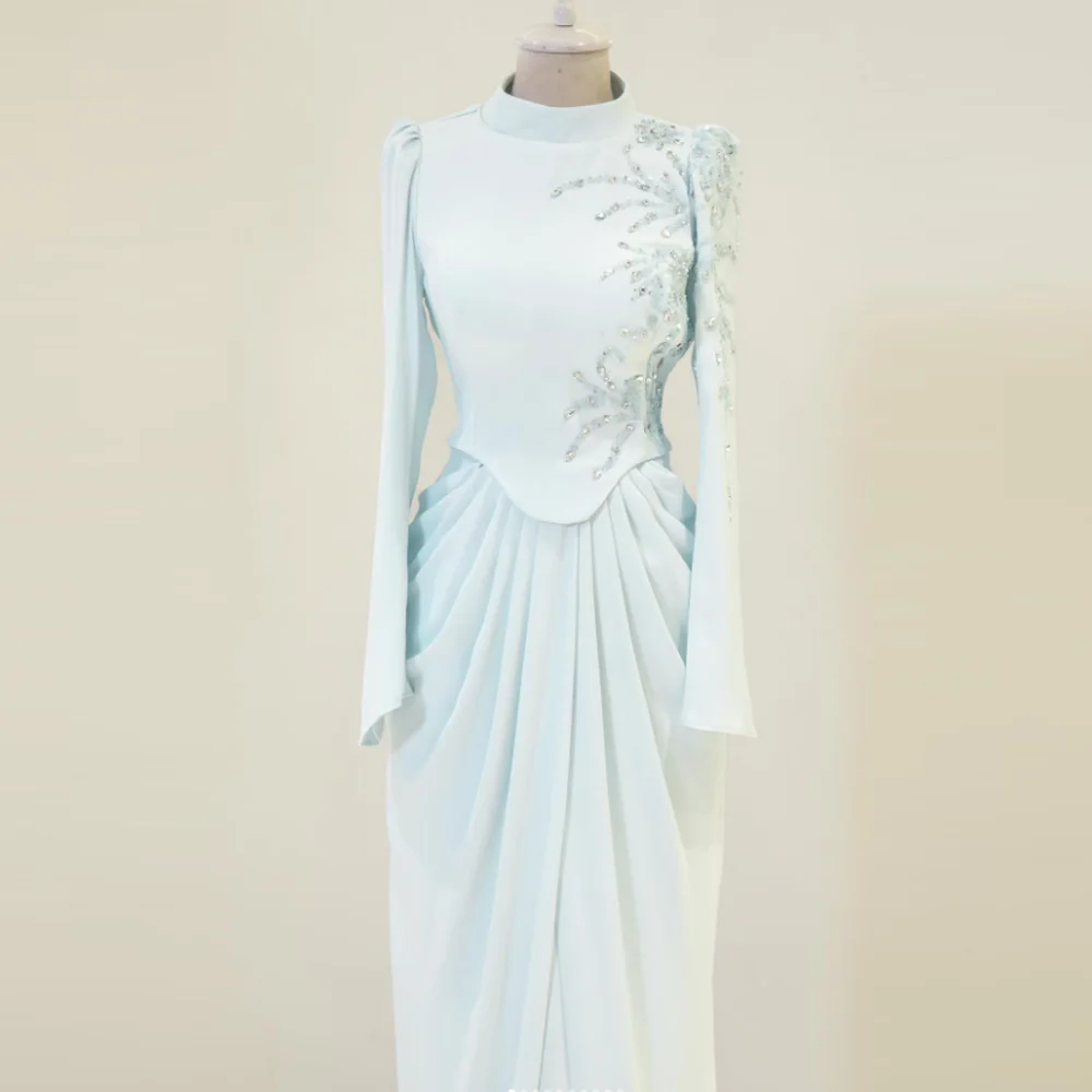 

Evening Dress Customized High Neck Long Sleeves Beading Sequined Chiffon Skirt Arabian Prom Gown Party Dresses