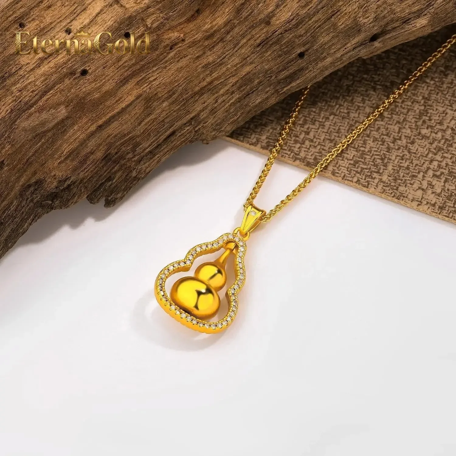 

EternaGold 999 24K real gold gourd rotation necklace Women's fashion new Chinese ancient micro inset zircon design collarbone ch