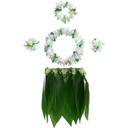 Leaf Hula Skirt and Hawaiian Leis Set Grass Skirt with Artificial Flowers Hula Costume Beach Party  Birthday Wedding Festival