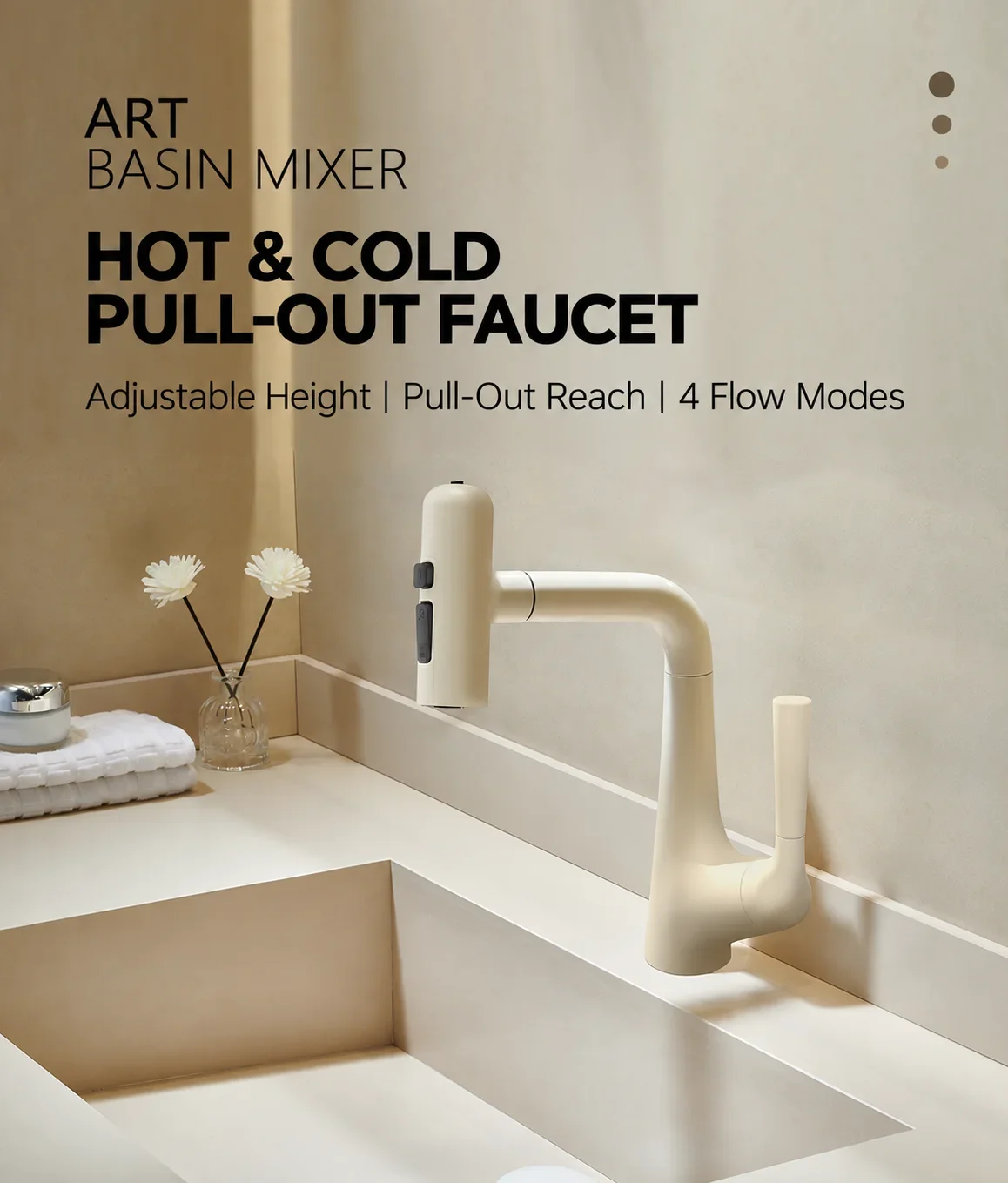 Pull Out Bathroom Sink Faucet Height Adjustable 360 Swivel Hot Cold Basin Mixer Tap Upward Jet Single Handle Rustproof