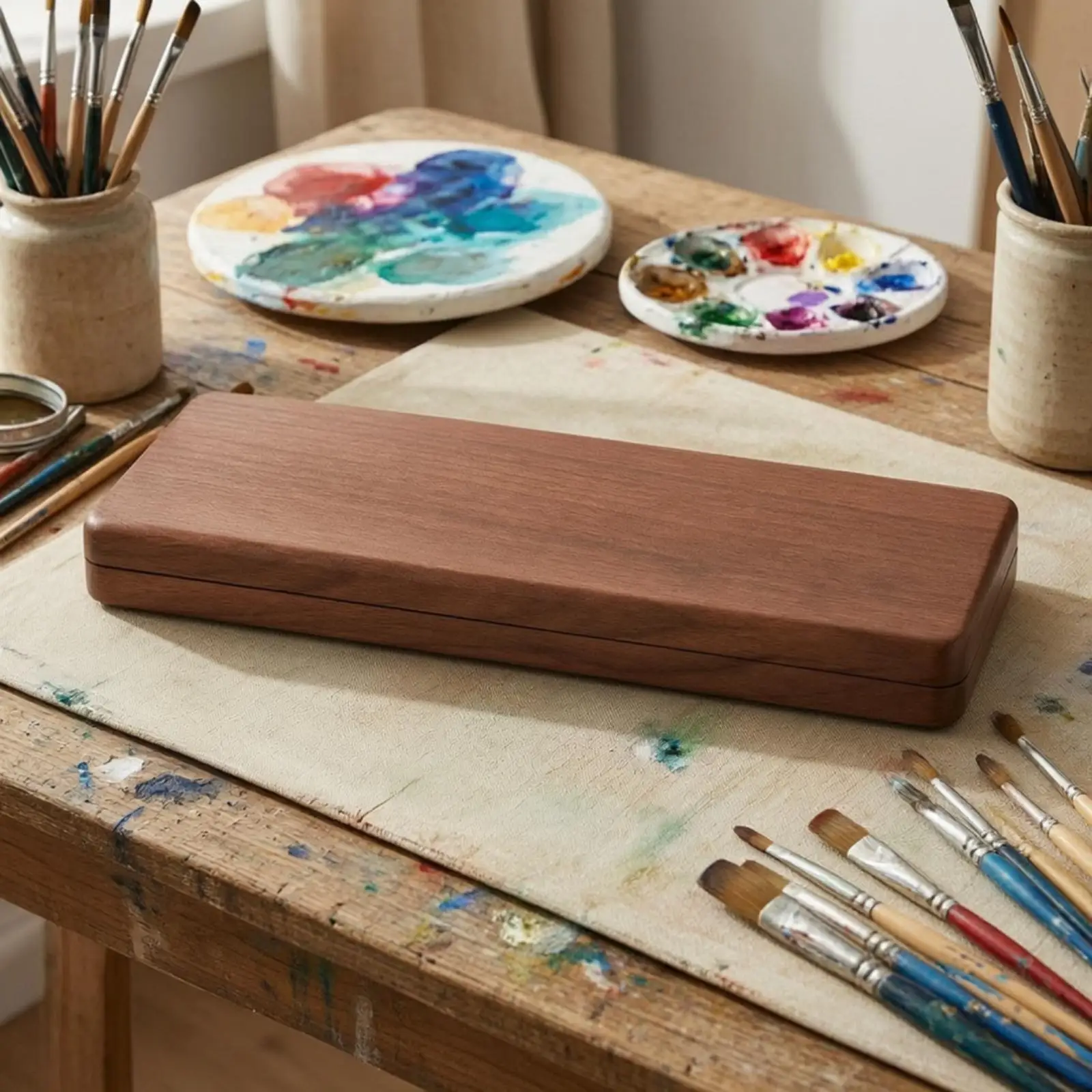 Compact Watercolor Paint Tray with Wood Grain Finish for Plein Air Artists