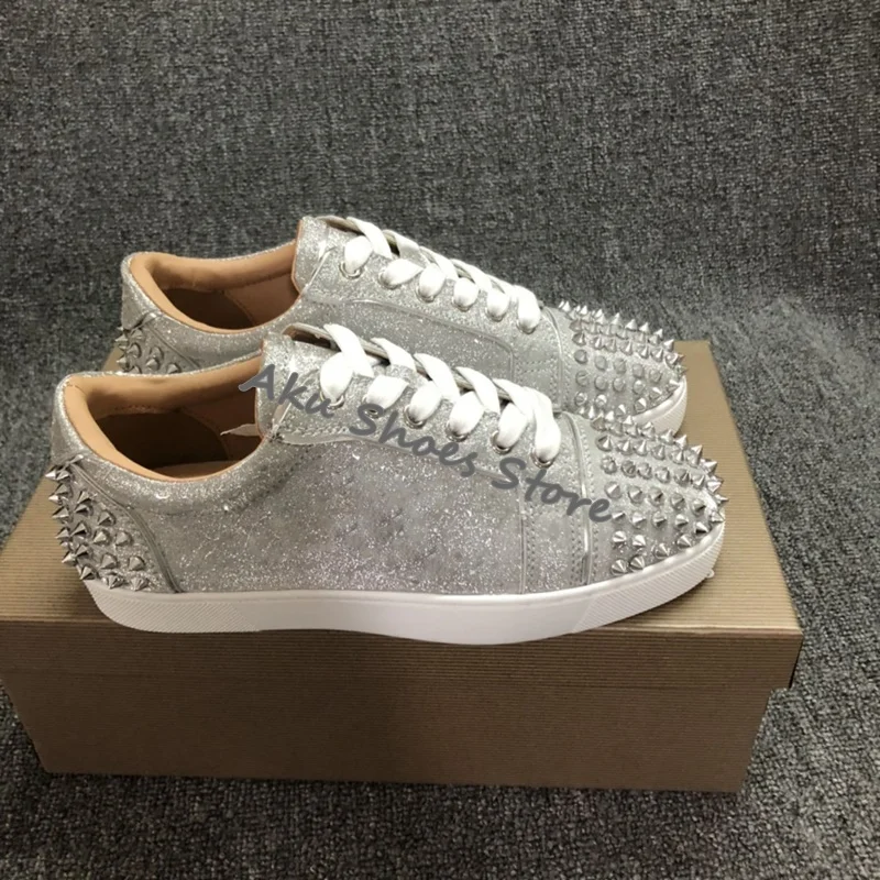 Imagem real de luxo prata rebite bling bling masculino e feminino cabeça espelho prego casual sapatos planos rendas até tênis plus size 47