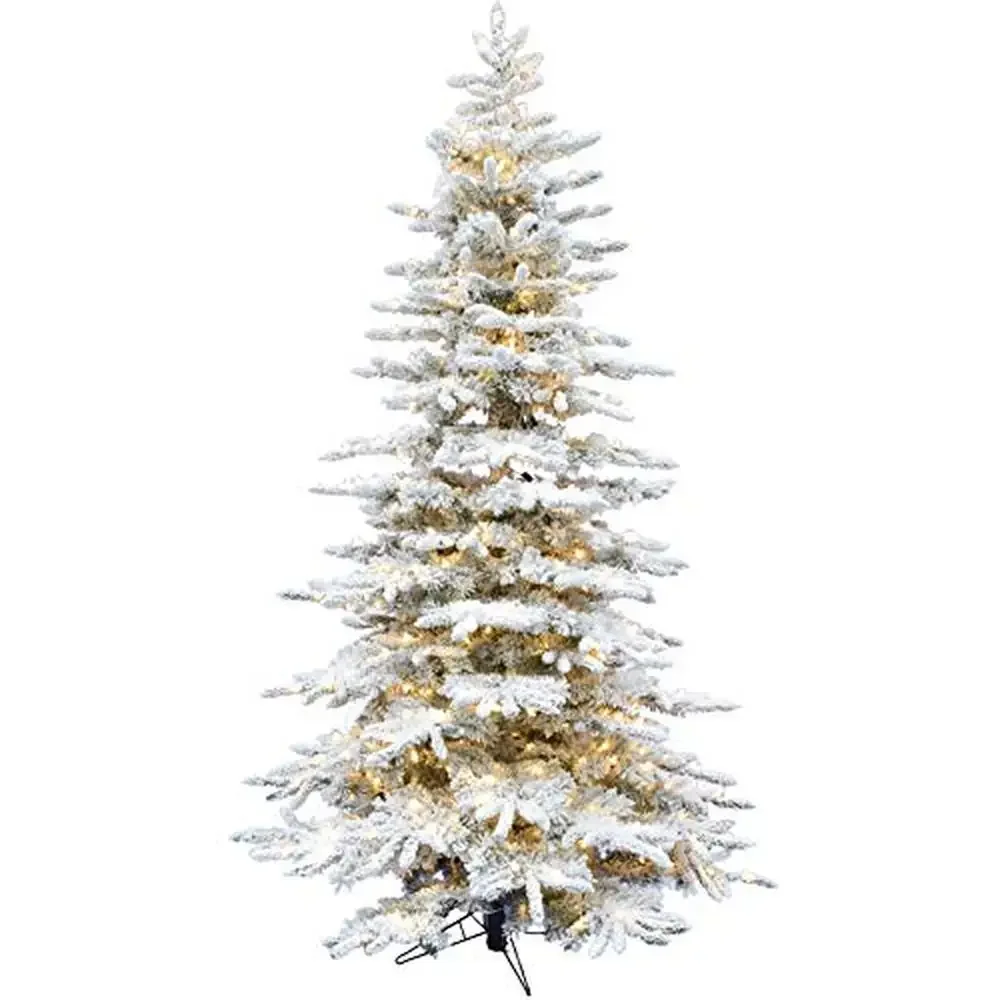 7.5Ft Mountain Pine Flocked Christmas Tree Warm White LED Lights Foldable Prelit Stand Bulit last Snow Covered Tips Festive Glow