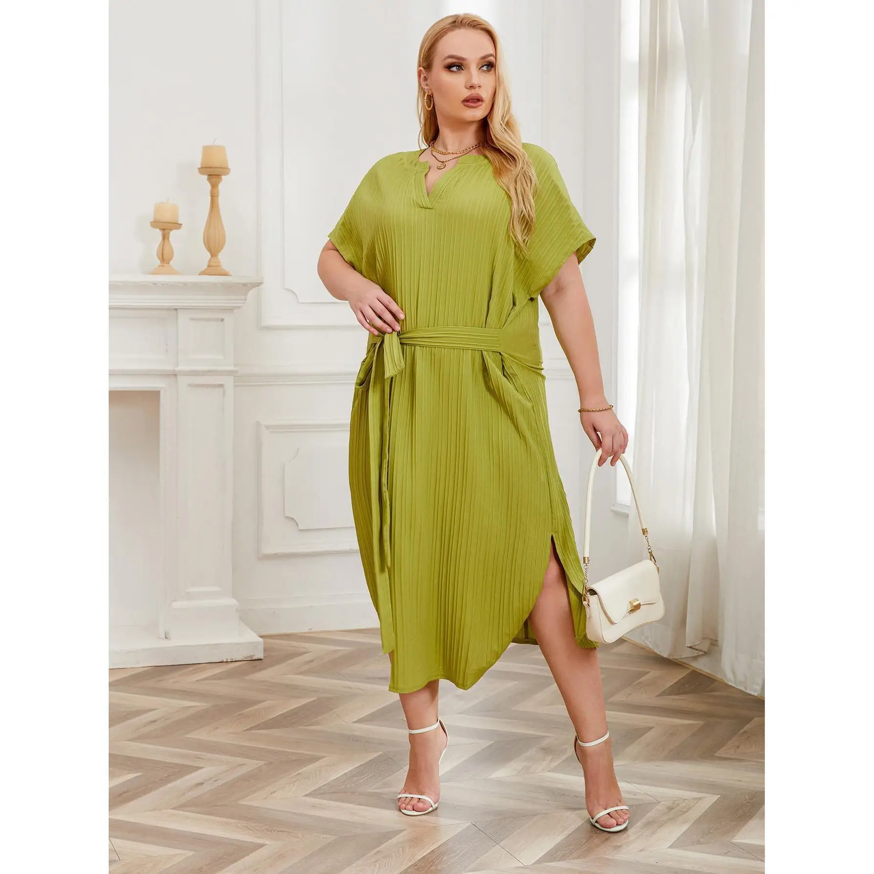 Plus Size Women's Solid Color Loose Fitting Sleeveless Thread Loose Long Dress Green Lace Up Ladies Casual Female Clothes New