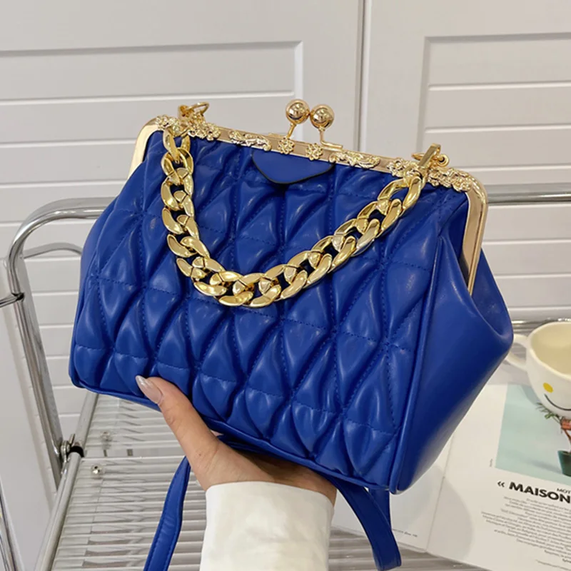 Elegant Women Shoulder Bags Beige Blue Messenger Bag Brand Designer Thick Chain Sling Bag PU Leather Fold Evening Clutch Clip