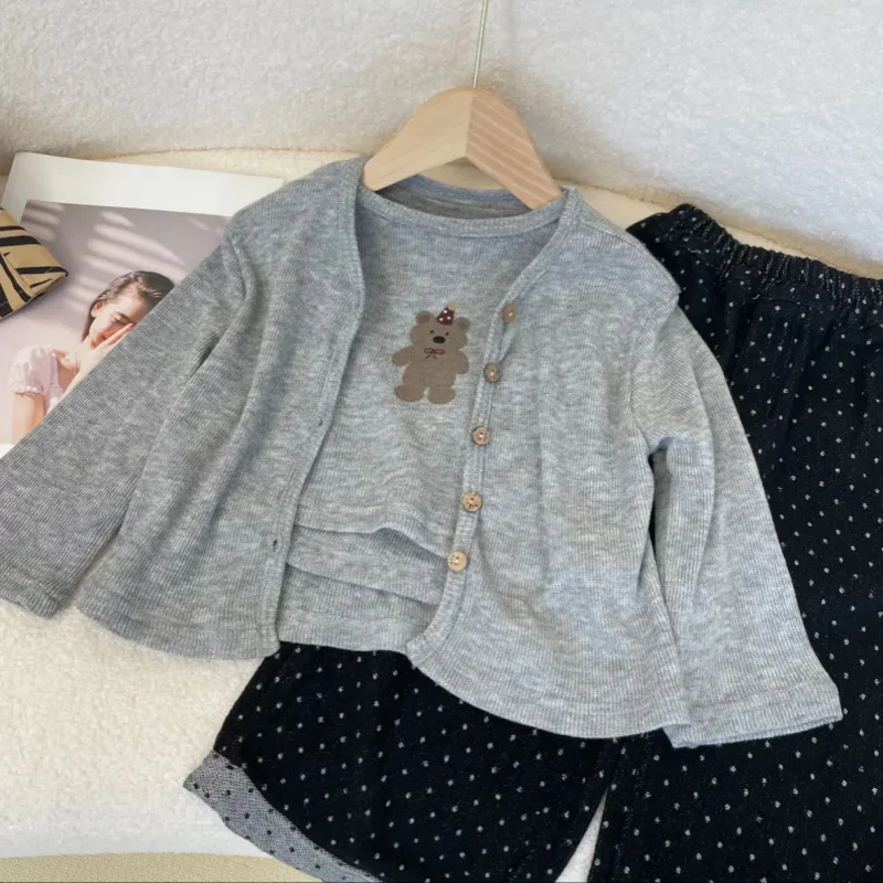 Girls Fall Suit2024New Baby Girl Casual Cardigan Autumn Fashionable Child Bear Three-Piece Suit