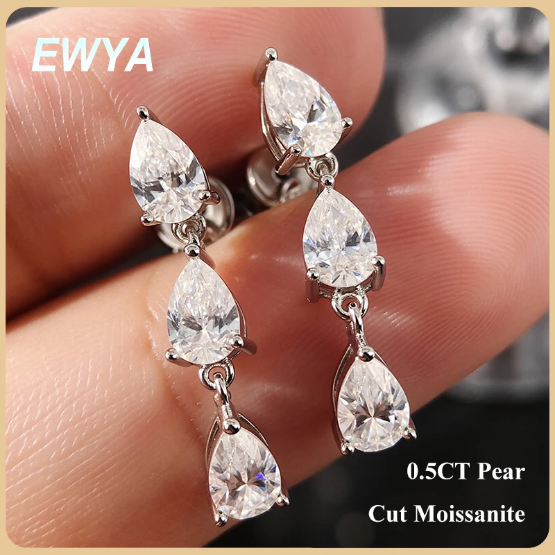 

EWYA Pear Cut 3-Stone Full 3EX Moissanite Short Dangle Drop Earrings for Women s925 Silver Teardrop Earring Party Jewelry Gift