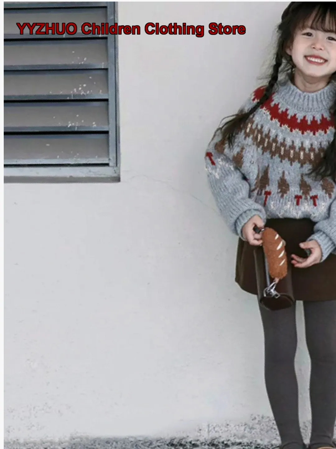 Girls Winter Fashionable Knit Top Baby Pure Cashmere Fair Isle Grey Kids