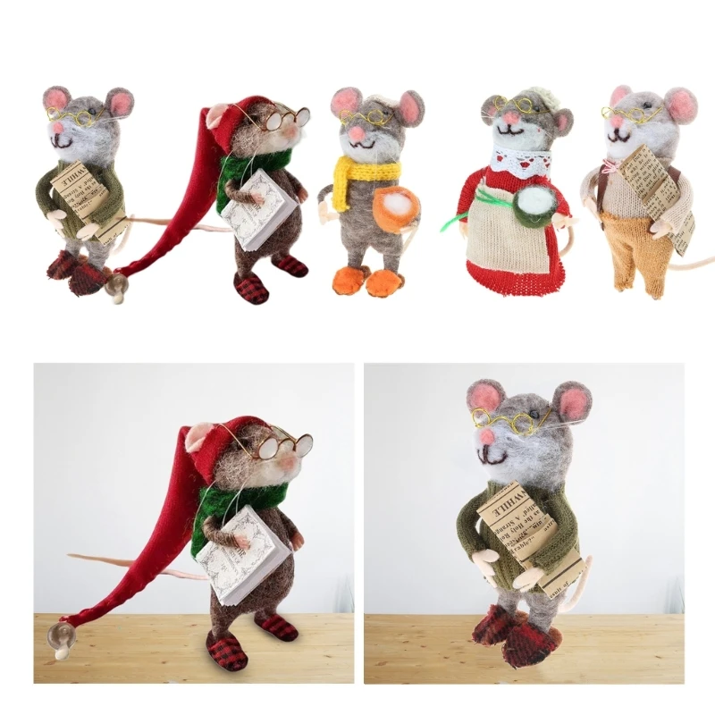 Cute Needle Felt Mouse Figurine Dolls Classical Cartoon Characters Wool Felted Mice Christmas Ornament for Home Decors