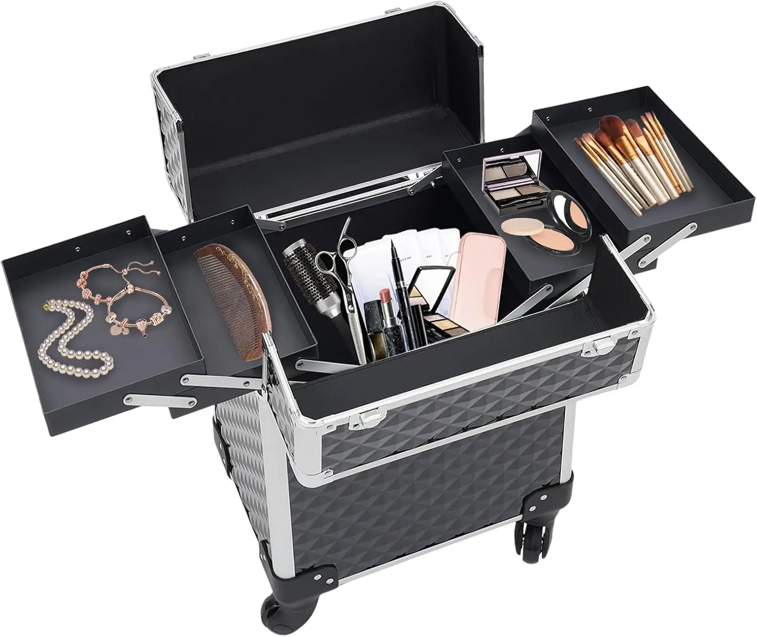 Rolling Makeup Case, Rectangular Makeup Train Case Large Storage Travel Makeup Trolley Cosmetic Case With 2 Keys, Makeup Travel