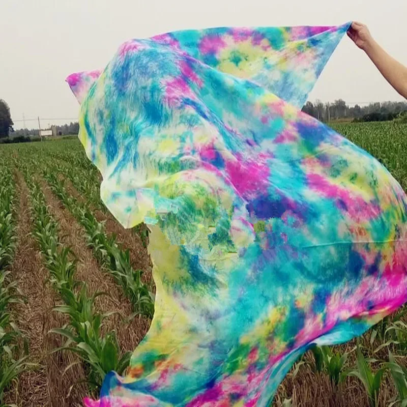 Pure Silk Tie Dye Floral Belly Dance Silk Veil 250*114cm Hand Thrown Scarf Shawl Colorful Pink Blue