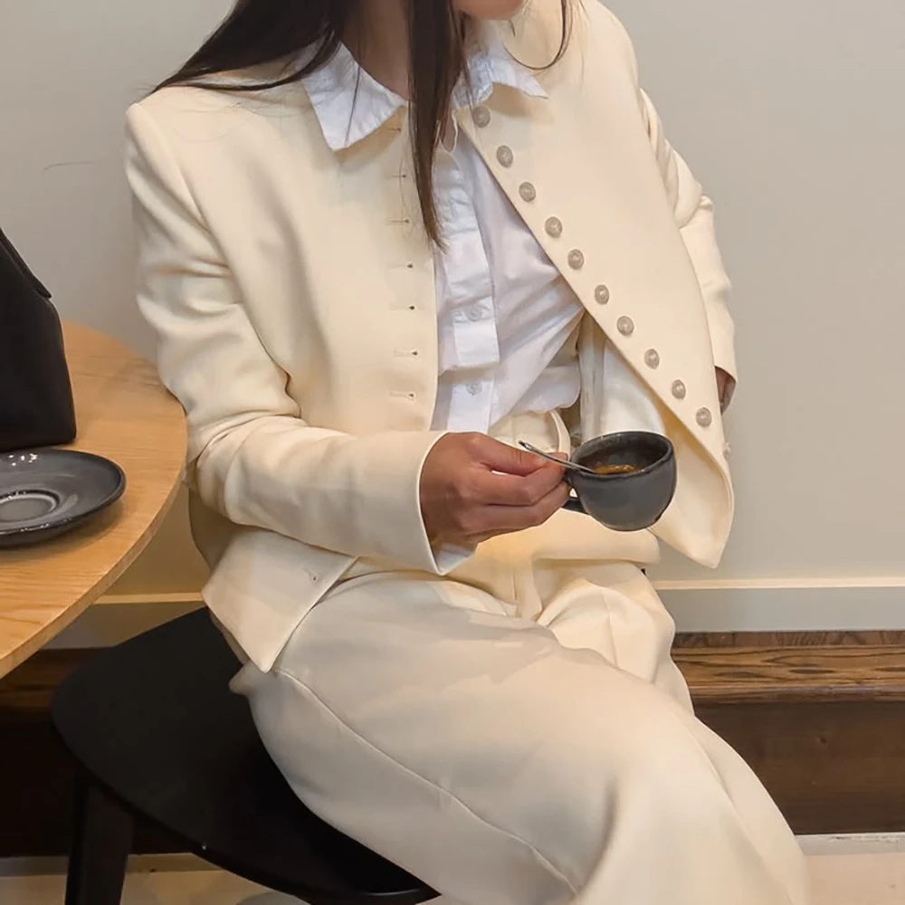 Youthful Women Ivory Suit Single Breasted Cropped Blazer Wide Leg Pants 2 Piece Set Luxury Office Business Matching Outerwears