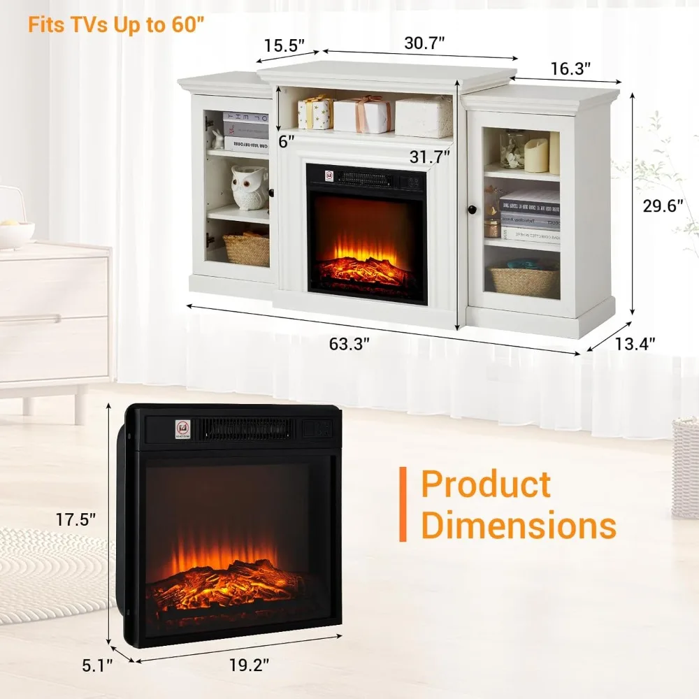63인치 벽난로 TV 스탠드, 전기 벽난로(맨틀 포함), 사실적인 3D 화염 효과와 3단계 조절 가능한 조명이 있는 벽난로