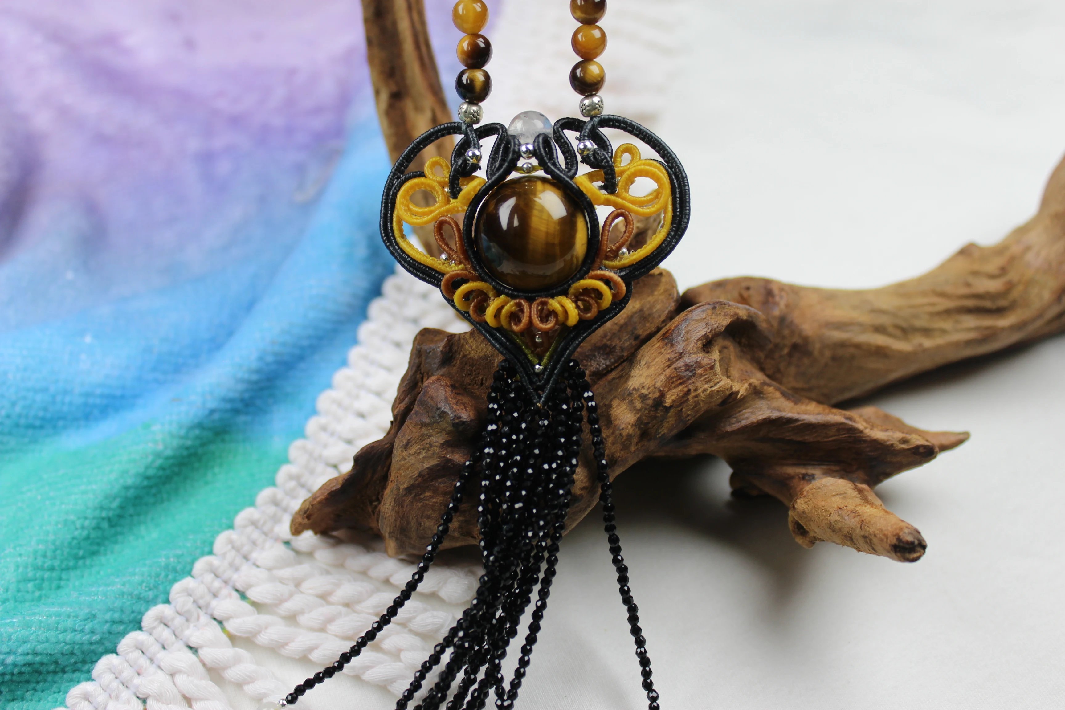 

Macrame Handmade Wax Polyster Thread Woven Tiger's eye bead Natural Stone Necklace with Black Spinel Tassel Exclusive Custom