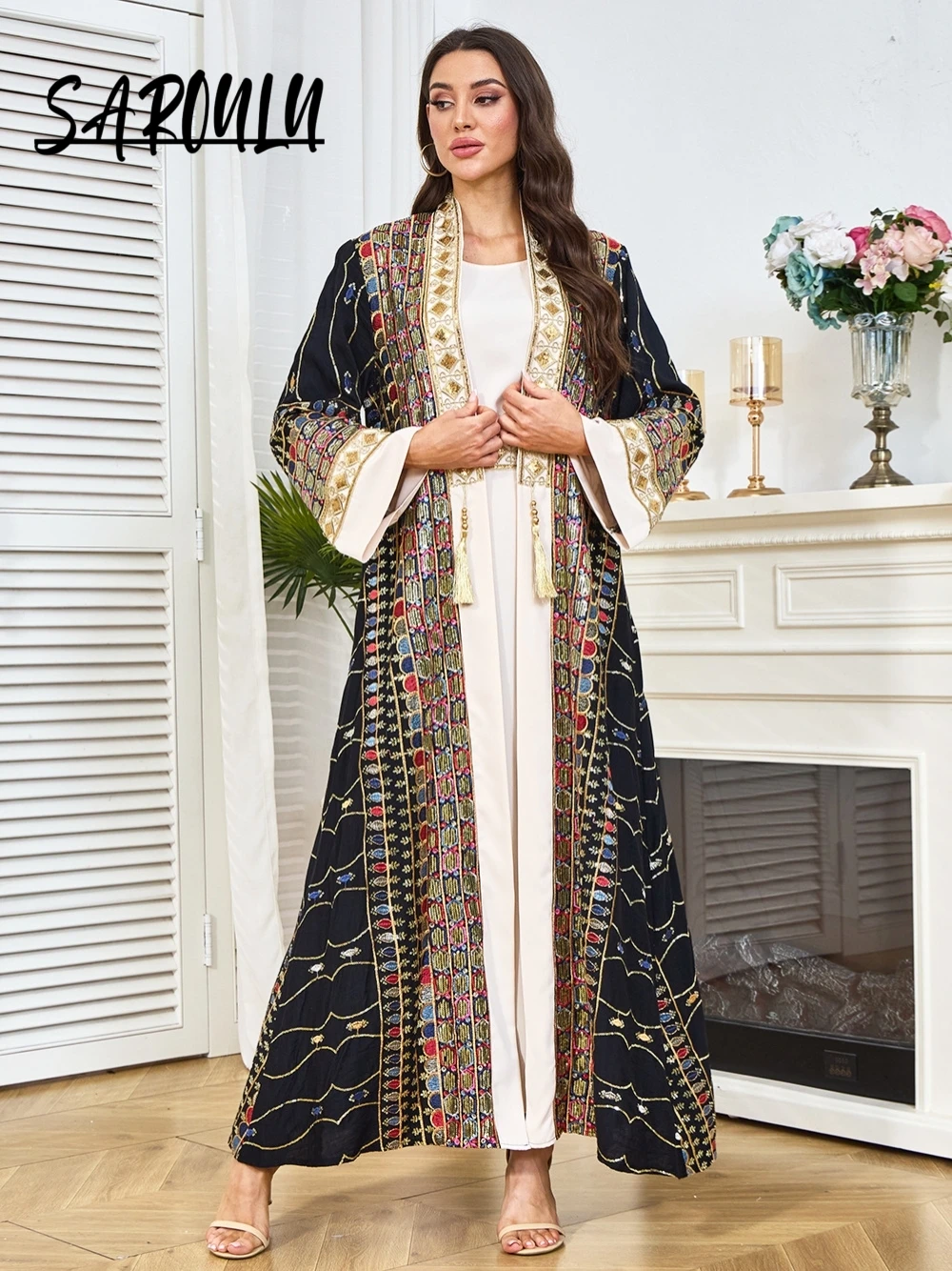 

Muslim Modest Two Pieces Prom Dress Black Gold Colorful Embroidery Abaya Turkish Kaftan Maxi Robe For Women Formal Occasions