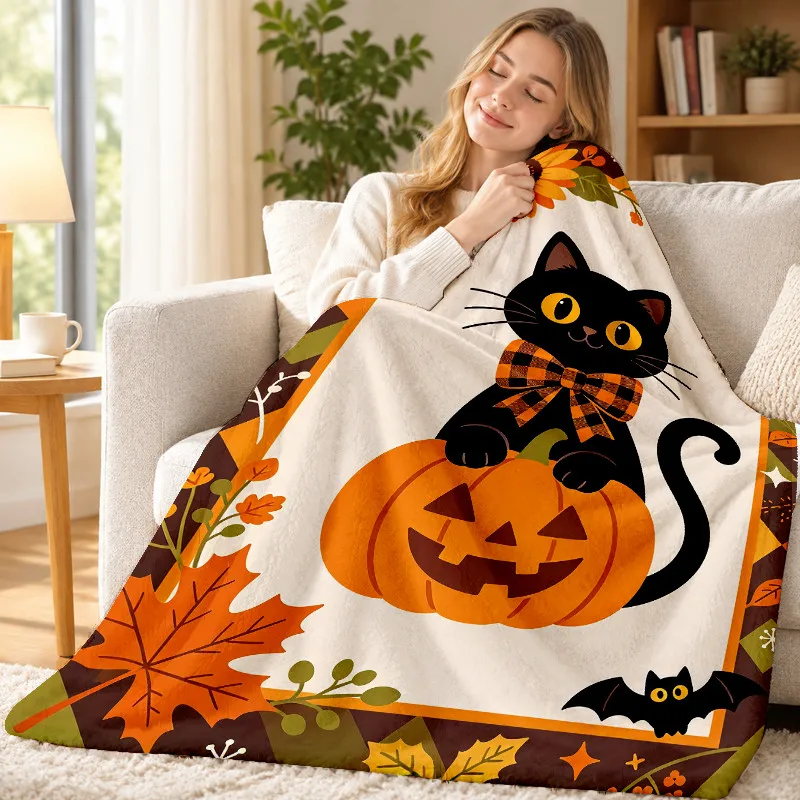 Spooky Cat Throw Blanket Pumpkin Maple Leaf Bat Spider Web Print Soft Flannel for Kids Room Sofa Lap Holiday Home Decor Gift