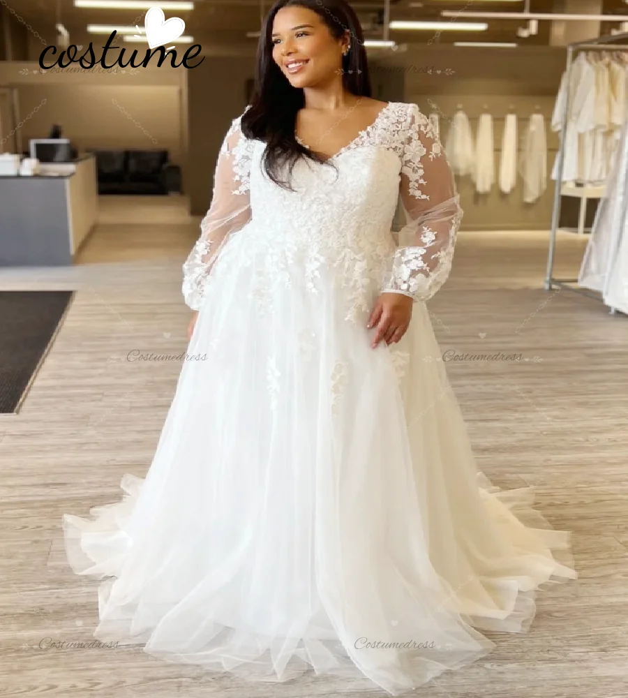 أنيقة حجم كبير بوهو فستان الزفاف متعرج كم طويل الدانتيل تول البوهيمي فستان زفاف 2026 مثير الخامس الرقبة عارية الذراعين فستان عروس #1