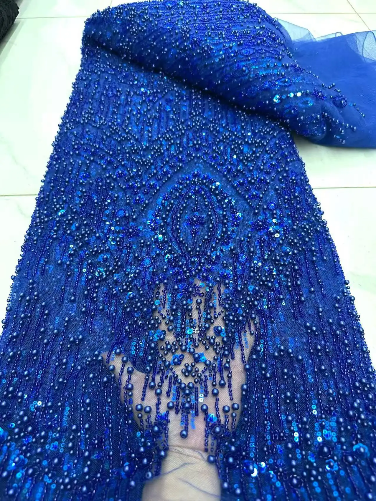 Luxury Beads African Lace Fabric High Quality Elegant Nigerian Embroidered Sequins French Heavy Lace Fabric 5 Yards For Dress