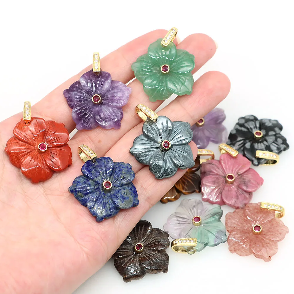 28mm Natural Stones Crystals with Zircon Flower Shape Amethyst Rose Quartz Lapis Gemstone Charms for DIY Jewelry Accessory