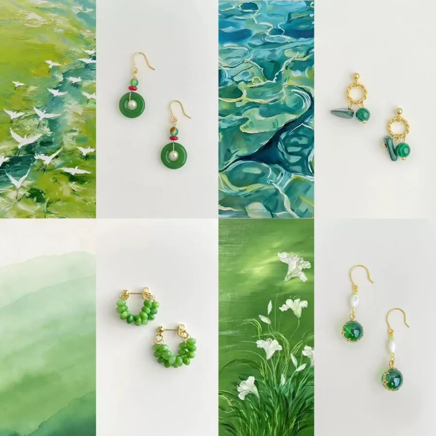 Vintage Green Series Natural Forest Style Earrings for Women Original Design Handmade Green Gemstone Charming Luxury Jewelry