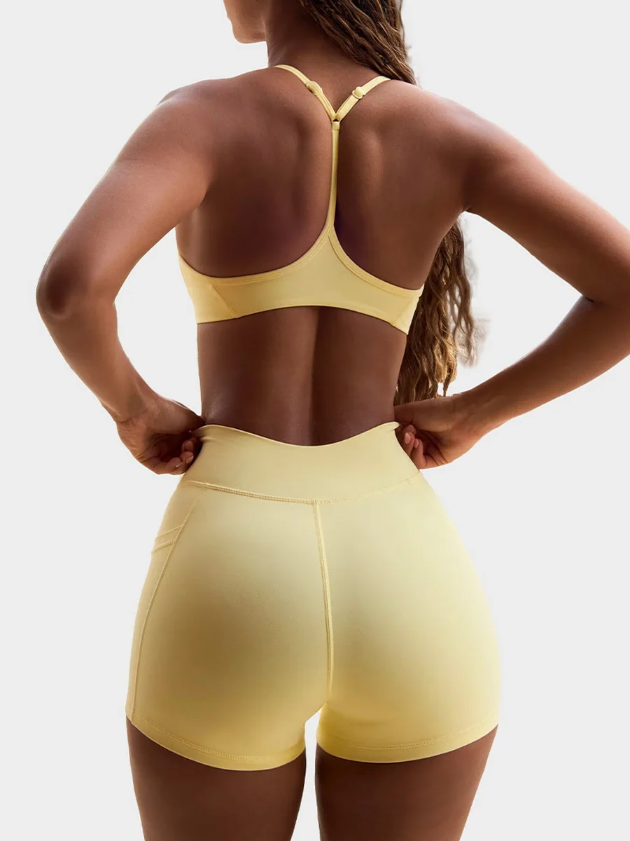 Women's Yoga Suit High Elasticity Naked Breathable Elastic Cross Waist Shorts Hanging Neck Bra Beautiful Back Gym Exercise Set