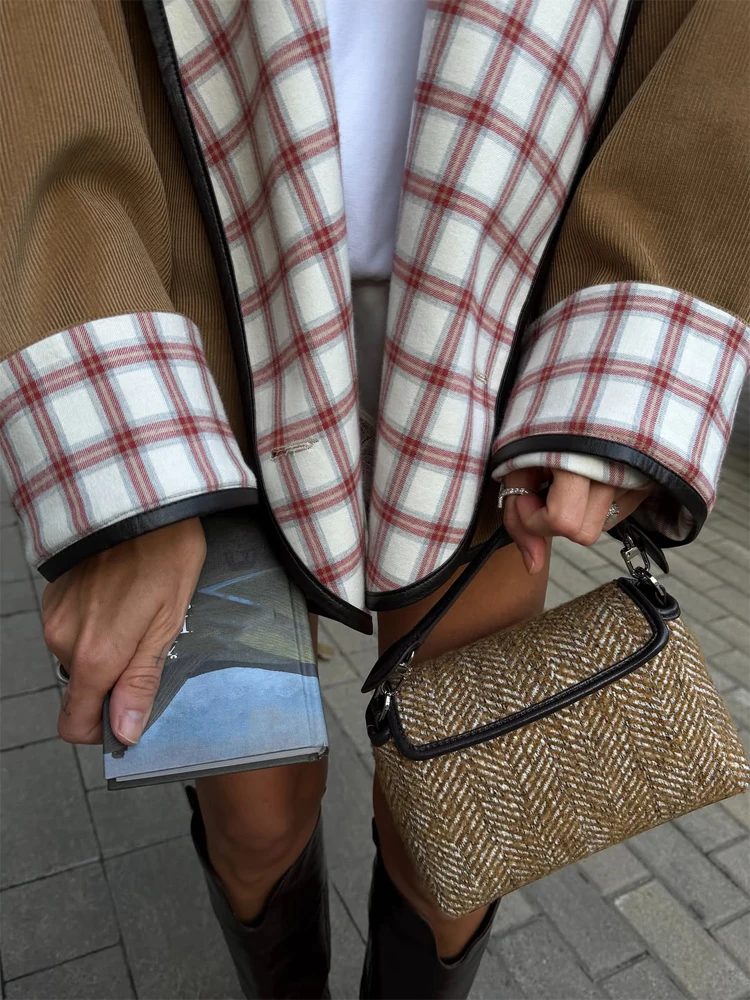 Ladies Oversized Lapel Jacket Plaid Lining Contrast Trim Loose Fit Open Front Long Sleeve Casual 2026 Autumn Fashion Outwear