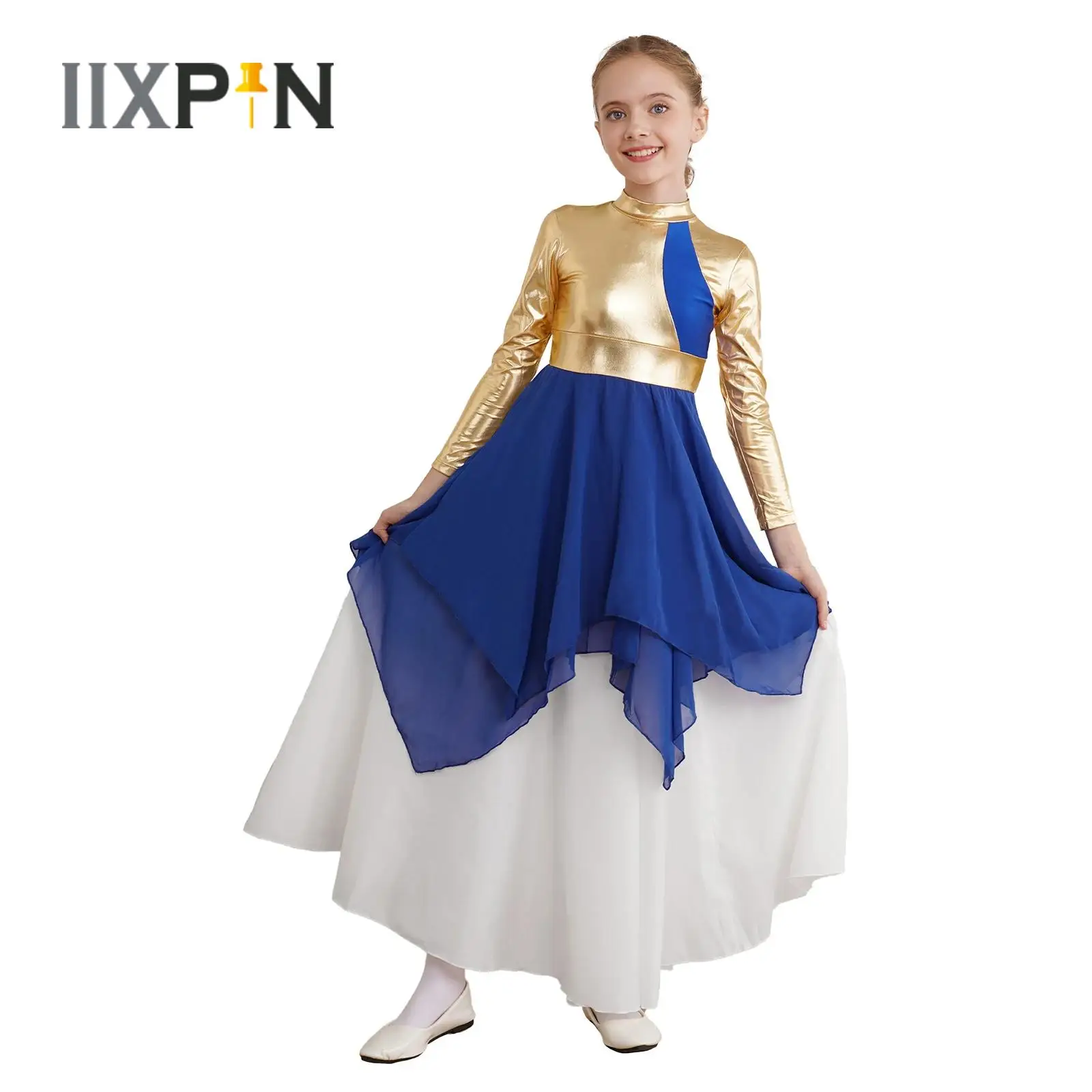 

Kids Girls Lyrical Dance Dress Long Sleeve Bronzing Cloth Chiffon Splice Ballet Dance Dress Rave Party Stage Performance Costume