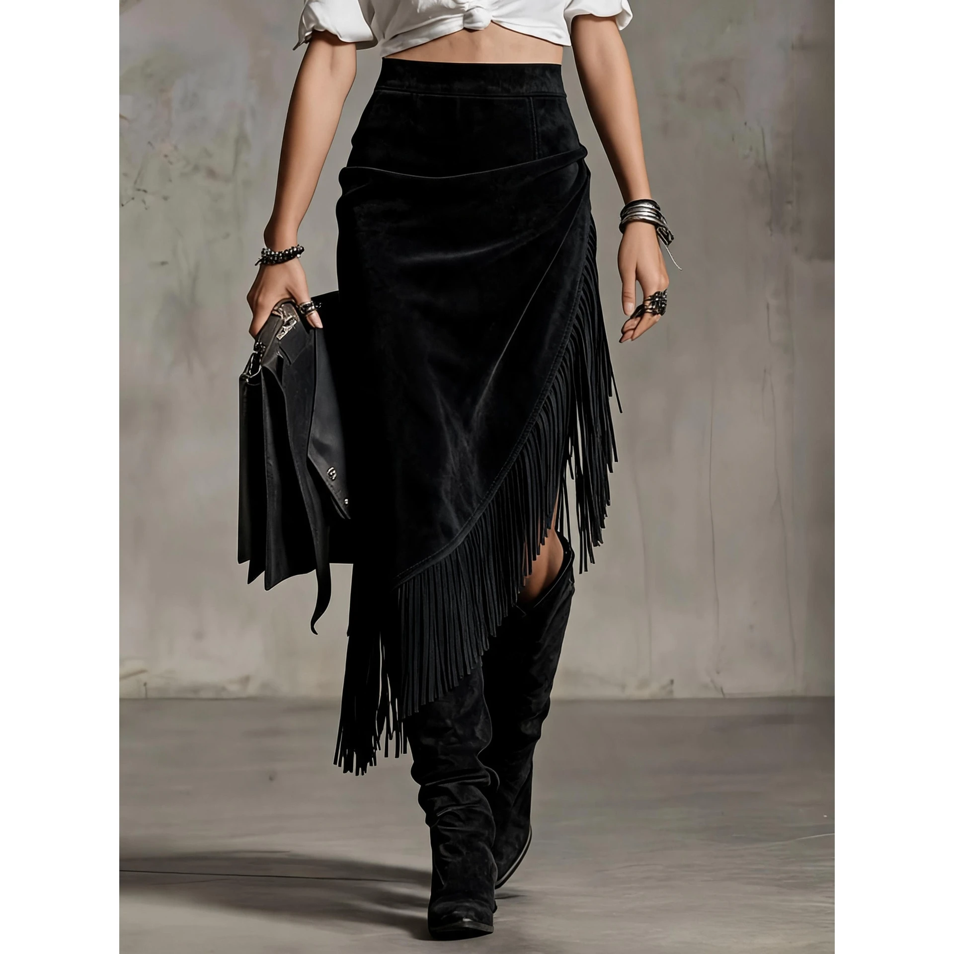 Retro Western Fringe Suede  Skirt Irregular Hemline Women's Fashionable Half-length Skirts Denim Style No Brand