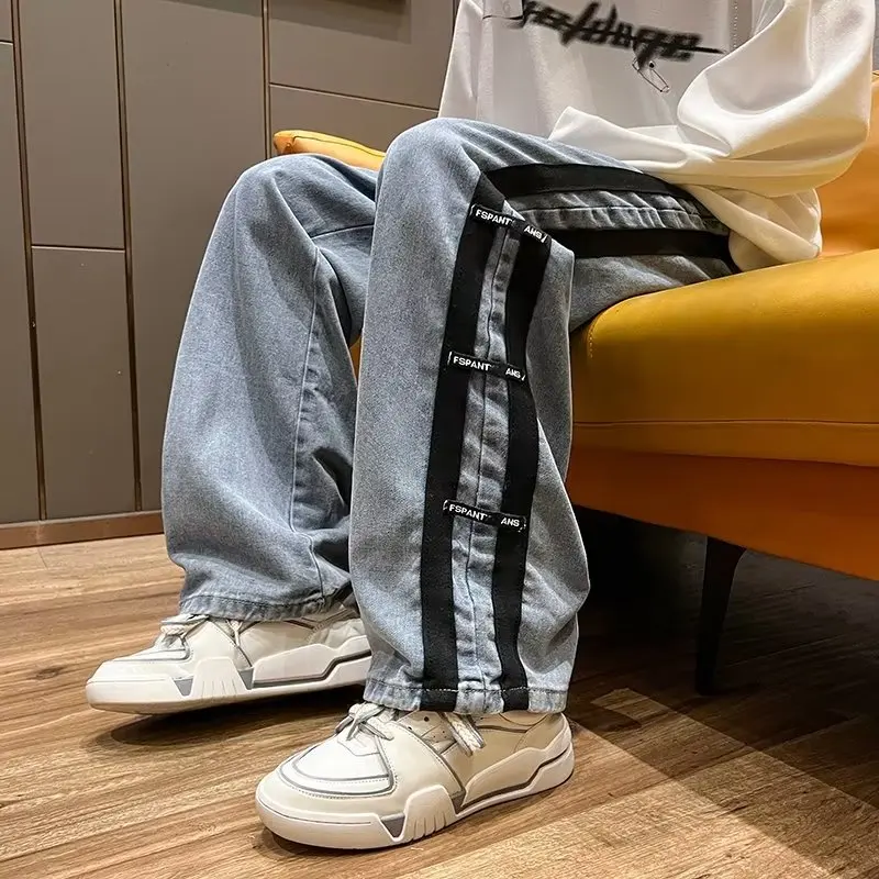 Men Jeans Pants Black Wide Leg Oversize Cargo Korean Streetwear Hip Hop Harajuku Denim Trousers