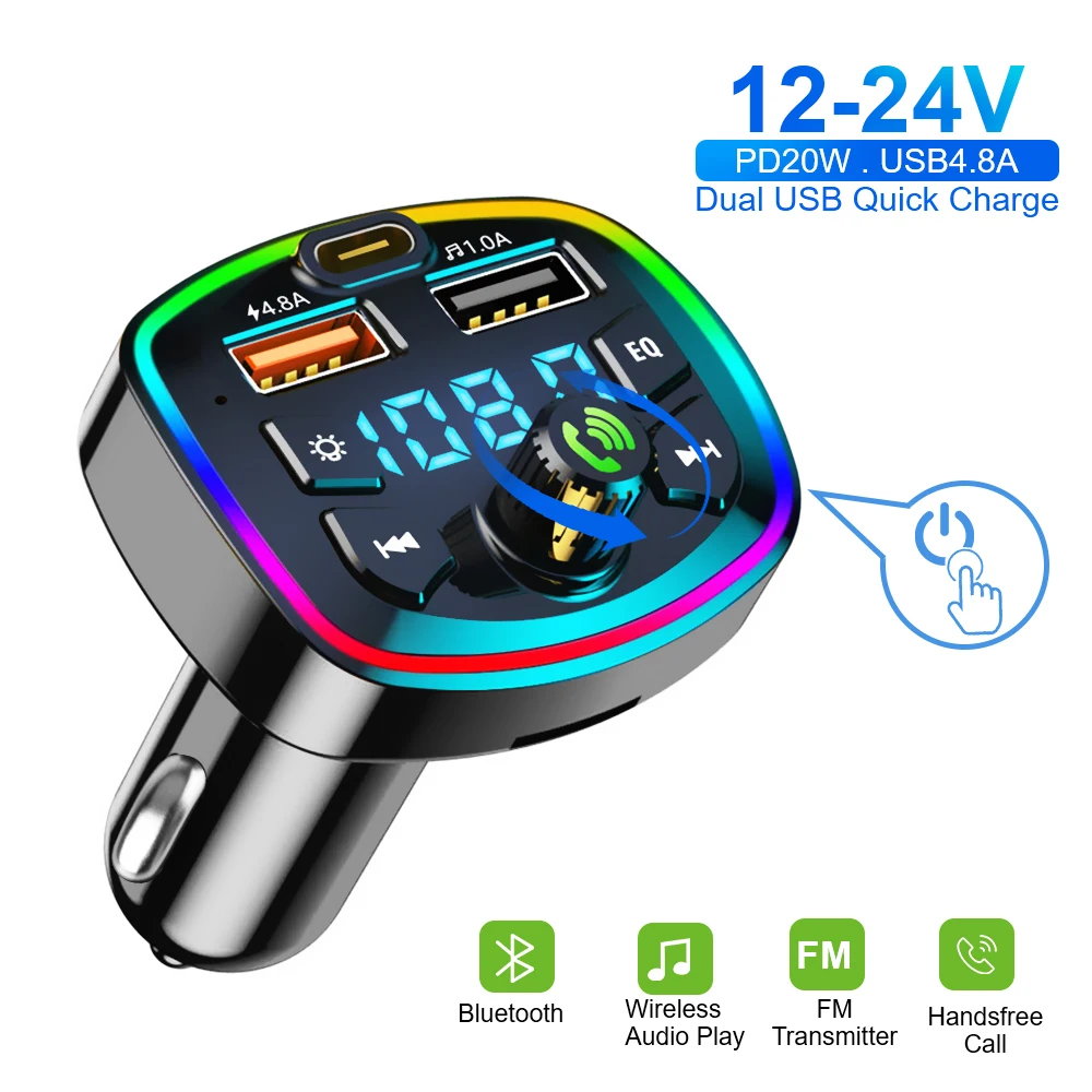 Bluetooth Hands Free Quick Charger 20W Q7 Car FM Transmitter Bluetooth Car Charger Mp3 True 4.8A Dual USB Port PD Charging