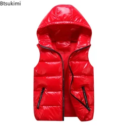 New Men's Hooded Vest Coats Fashion Glossy Waterproof Design Couple Down Cotton Lightweight Casual Waistcoat Male Parkas Vests