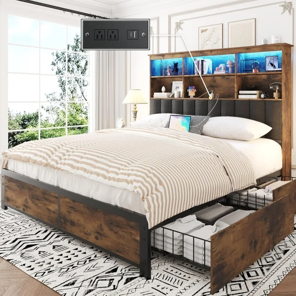 

Queen Bed Frame with High Storage Bookcase Headboard, 4 Storage Drawers & Charging Station, No Box Spring Needed, LED Bed Frame