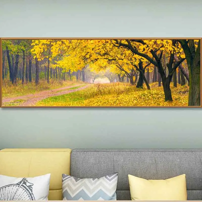 المشهد الأخضر الأصفر شجرة الغابات قماش اللوحة أشعة الشمس الملصقات و يطبع جدار صور غرفة المعيشة ديكور المنزل لا الإطار