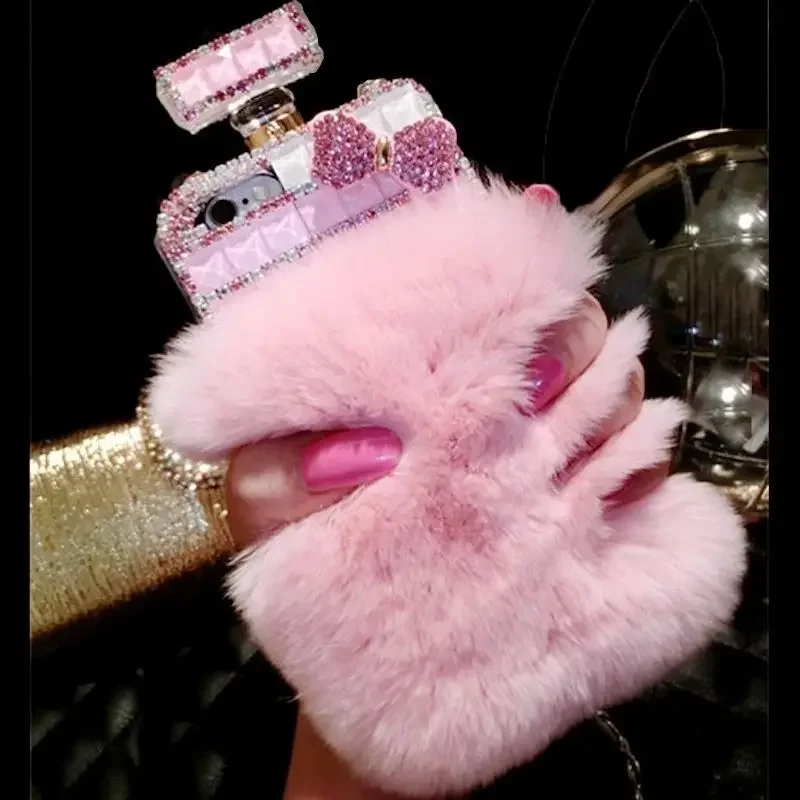 Bling Diamond Rhinestone Fur Phone Case, Plush Soft Cover, Warm, Bling, Perfume Bottle, For iPhone16 14, 15 Pro, Max 13 12 11