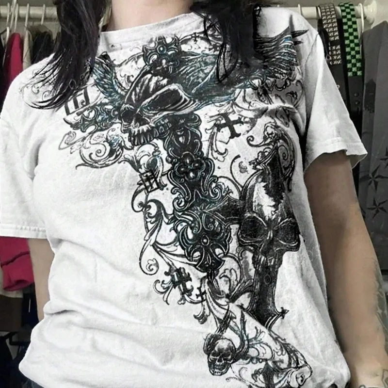 

90s Summer Skull Cross High Quality Street Style T-shirt Gothic Skull Cross Printed Fashion Pattern T-shirt
