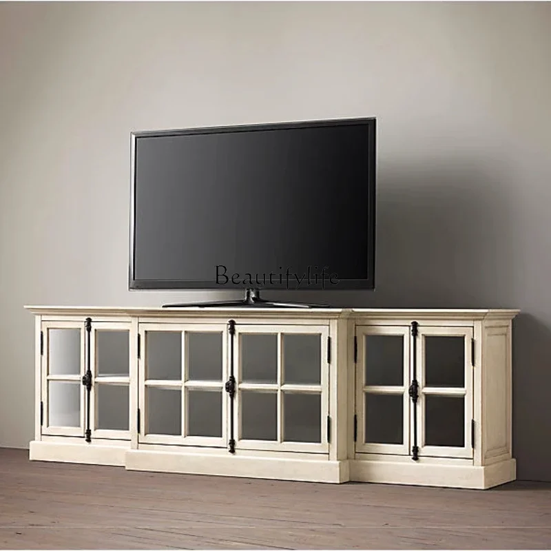 

LAmerican retro white old solid wood storage, oak simple modern living room cabinet