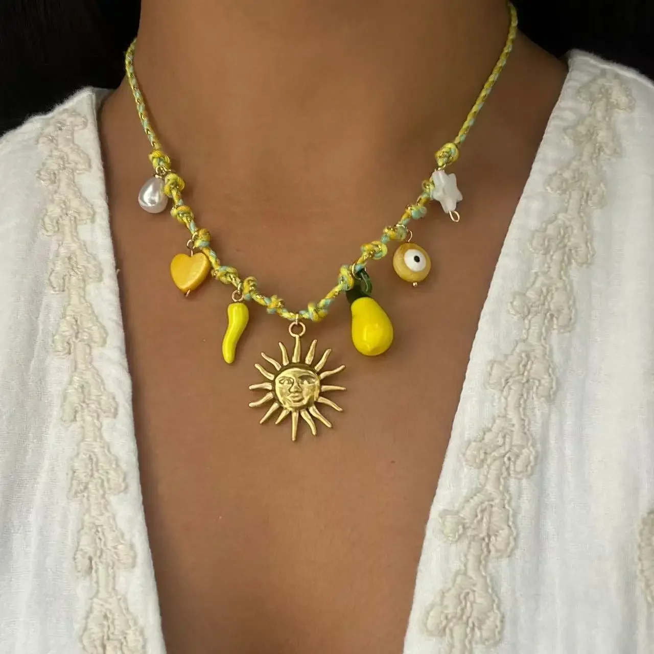 Stainless Steel Handmade Diy Knotting Rope Chain Starfish Turtle Pendant Necklace Gold-Plated Color Preservation Beach Style