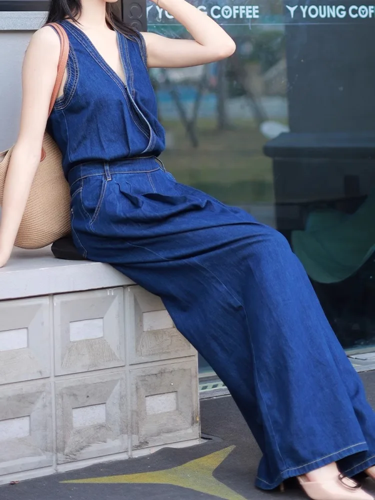 European Retro Workwear Denim Jumpsuit Women'S Summer New Design Sense Loose Casual Jumpsuit Wide Leg Pants