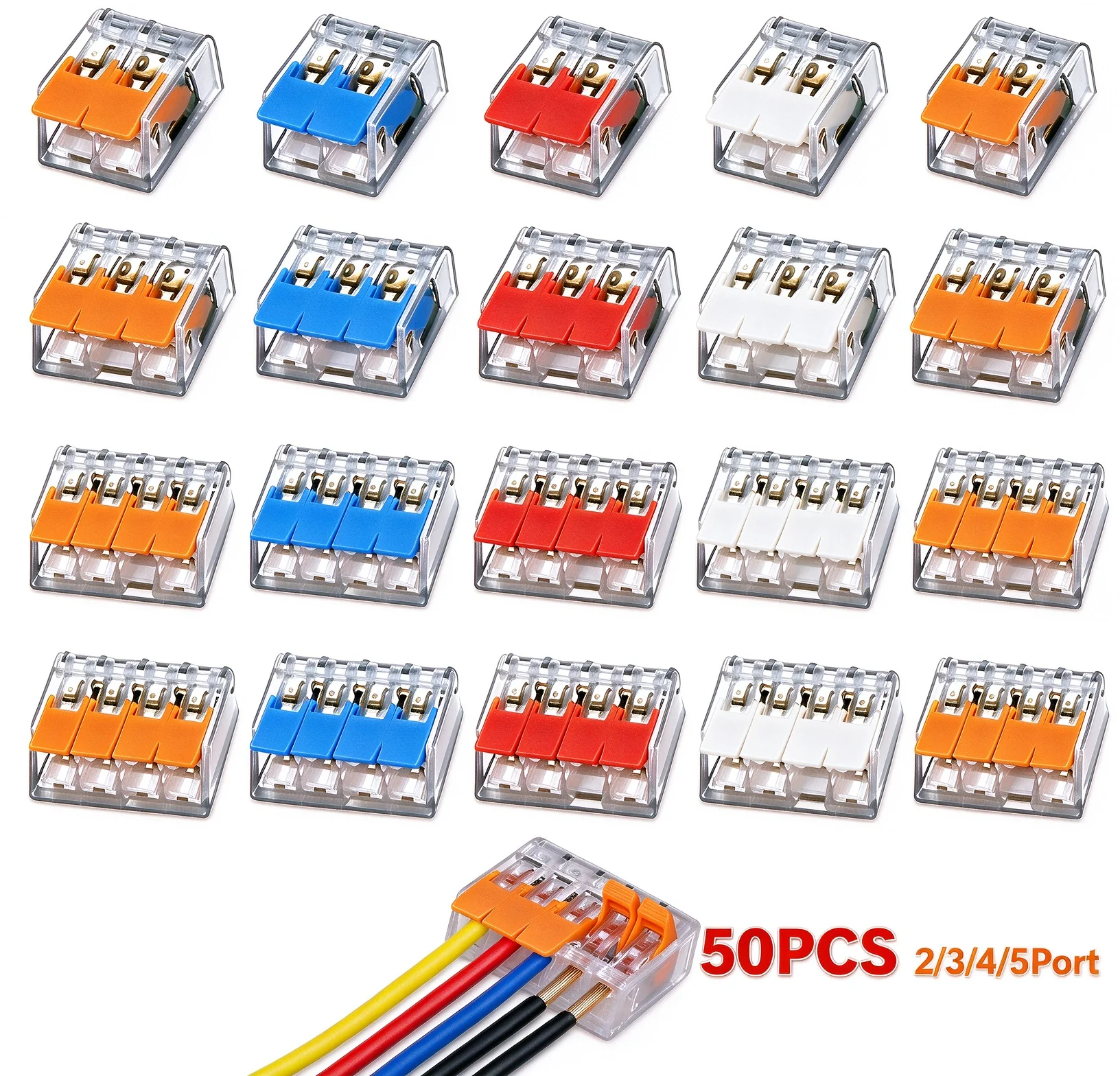 50PCS Electrical Cable Connectors Kit 2/3/4/5 Port Lever Wire Quick Splice Terminal 32A 450V for 0.15-4mm2 Wire
