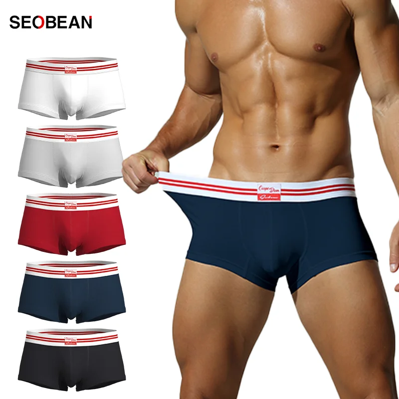 Men's Casual BoxerBriefs with Contrast Red White Striped Waistband SoftBreathable U Convex Pouch Mid-Waist Comfortable Underwear