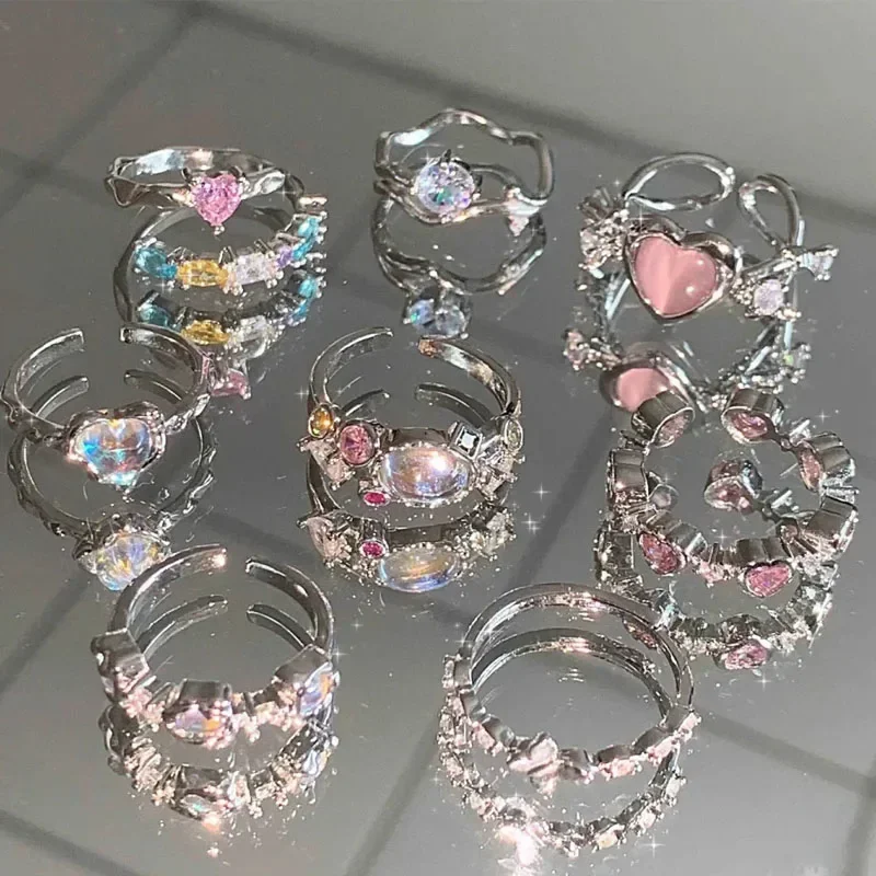 Verstellbare Kristall ringe y2k rosa unregelmäßige Geometrie Vintage Bowknot Herz Ring Set für Frauen Mädchen neue Mode Schmuck Geschenk