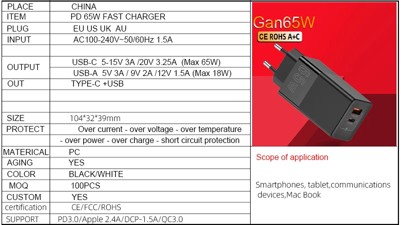 Cargador súper rápido de doble puerto, Original, carga rápida de 65W para apple, samsung, xiaomi, LG, QC PD