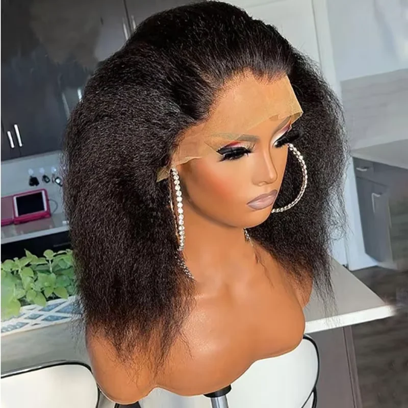 

200% Density Natural Black Brazilian Pre Plucked Lace Frontal Human Hair Wigs For Women Kinky Straight Lace Front Short Bob Wig