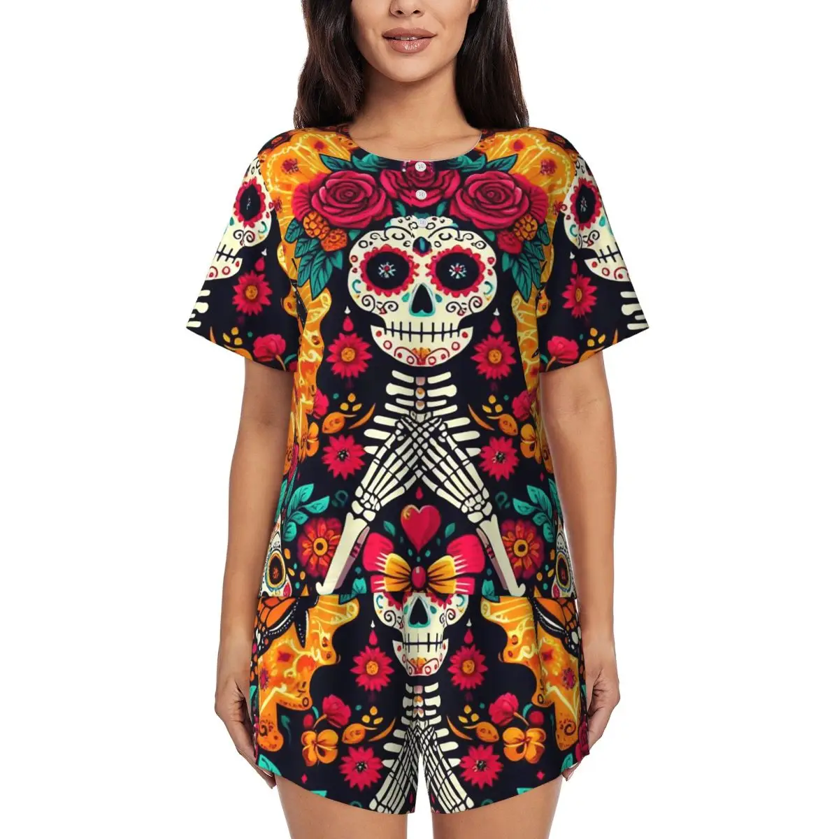 

Mexican Sugar Skulls And Flowers Round Neck Short Sleeve Nightgowns for Sleeping Sleepshirts Women Soft Pajama Set Short Pants