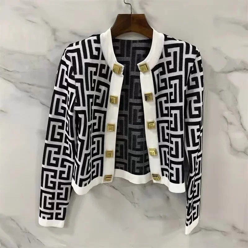 New Autumn Knitted Cardigan for Women Vintage Jacquard O Neck Long Sleeve Gold Buttons Sweater Streetwear Coat Knitwear Tops