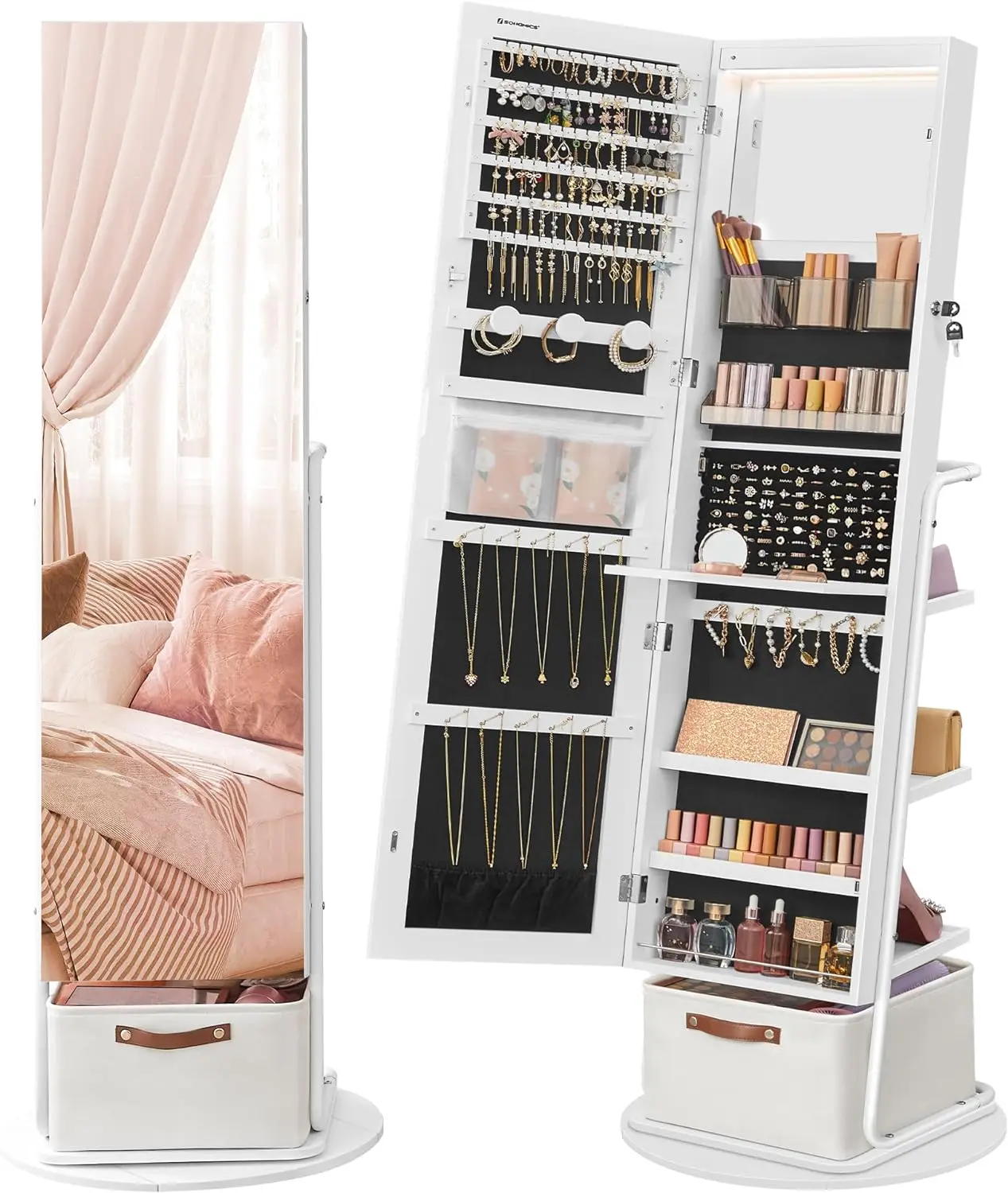 

360° Swivel Mirrored Jewelry Cabinet with Lights, Full-Length Mirror with Storage, with Large Storage Basket, Makeup Shelf,