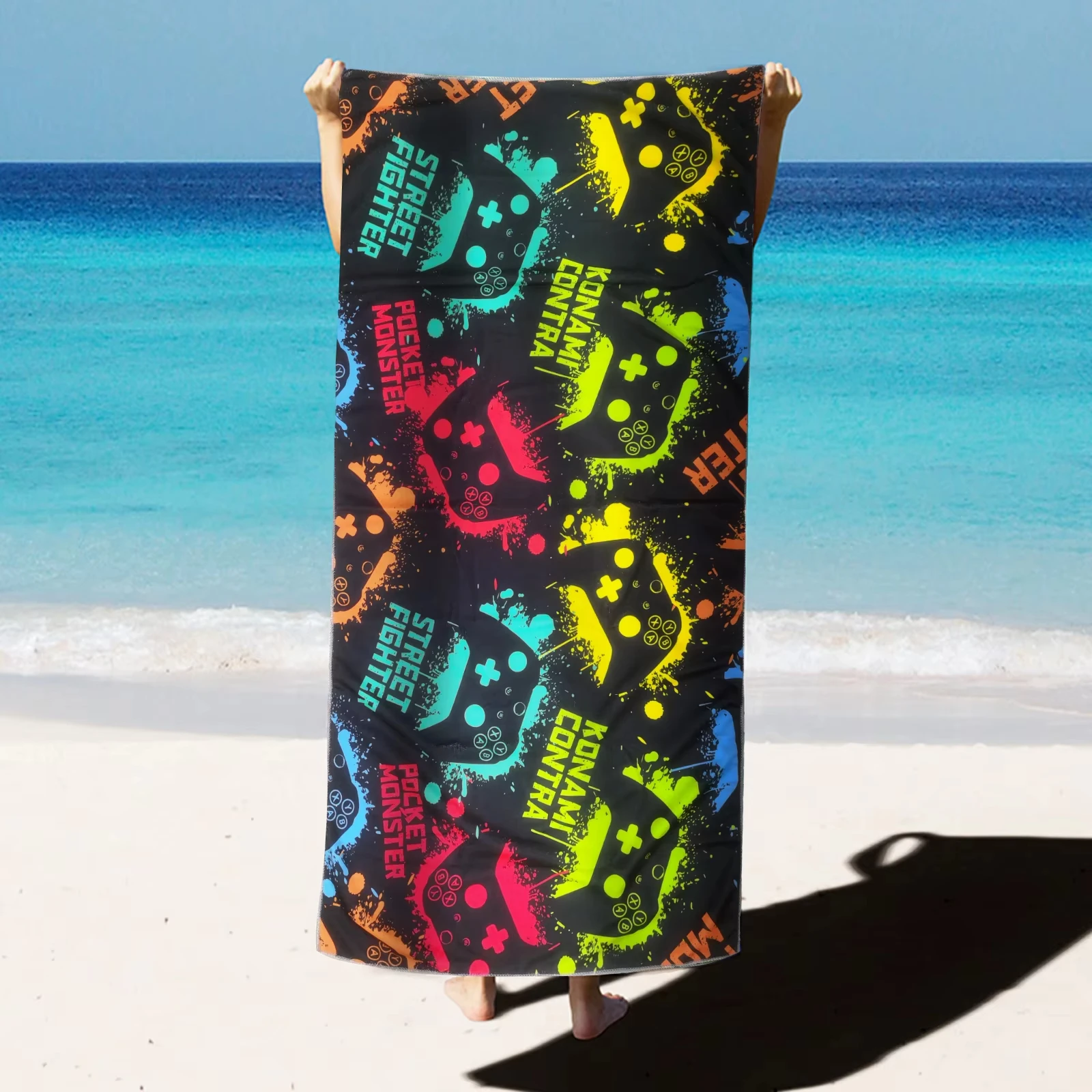 Colorful game controller beach towel,quick drying,sand resistant,machine washable,durable-beach, sports,vintage print bath towel