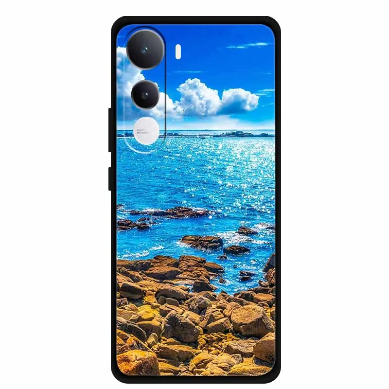 Casing HP Vivo Y400 4G Motif Bunga Lukis Hitam Silikon Lembut Penutup Belakang HP Untuk Vivo Y400 5G 2025 TPU Pelindung Fundas Para