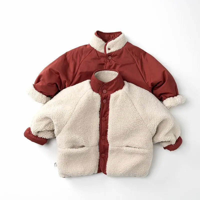 

2025 Winter New Children Double Sided Jacket Long Sleeve Boys Girls Plus Velvet Thick Coat Solid Kids Lamb Fleece Padded Jacket