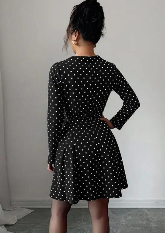 

New Spring/Summer Fashionable, Elegant, Sweet Polka Dot V-Neck Long Sleeve Elastic Waist Dress for Women